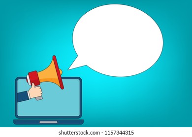 Hand holding megaphone with laptop icon - online  marketing, advertising concept