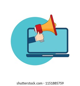 Hand holding megaphone. Laptop notebook computer screen background. Vector illustration