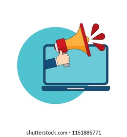 Hand holding megaphone. Laptop notebook computer screen background. Vector illustration