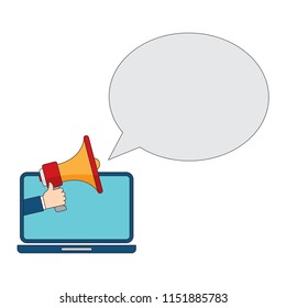 Hand holding megaphone. Laptop notebook computer screen background. Vector illustration