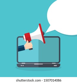 Hand holding megaphone. Laptop notebook computer screen and speech bubble background. Vector illustration