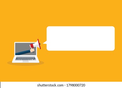 Hand holding megaphone. Laptop notebook computer screen and speech bubble background. Vector illustration