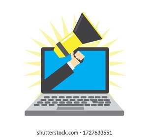 Hand holding megaphone. laptop screen background. Flat design of poster design for business advertising marketing.
