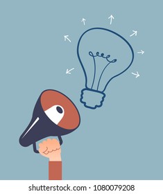 Hand holding megaphone and light bulb flying out of it