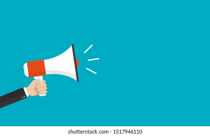 Hand is holding a megaphone or loud speaker. Loudspeaker banner with space for text. Design concept for business, social media, broadcasting, marketing. Vector illustration.  - Shutterstock ID 1517946110