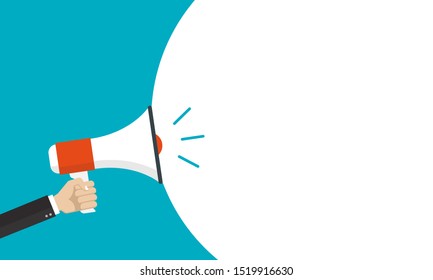 Hand is holding a megaphone or loud speaker. Loudspeaker banner with speech bubble for text. Design concept for business, social media, broadcasting, marketing. Vector illustration. 