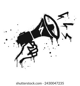 Hand is holding a megaphone or loud speaker. Spray painted graffiti megaphone on black over white. Demonstration, protest drip symbol. isolated on white background. vector illustration