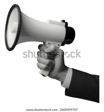hand holding megaphone loudspeaker isolated on white background in formal suit retro halftone effect vintage grunge dotted collage element for breaking news promotion mixed media design cutout object