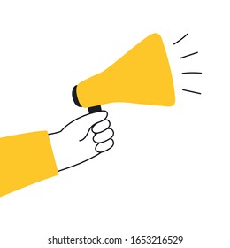 Hand holding megaphone or loudspeaker. Refer a friend, promotion, message, offer, PR, announcement. Banner for business, marketing or advertising. Flat line modern icon vector illustration on white.