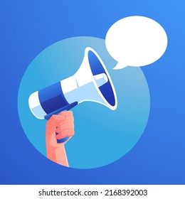 hand holding megaphone loudspeaker and speech bubble