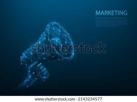 hand holding megaphone low poly wireframe on blue dark background. Online loudspeaker digital marketing. strategy promotion social media.online business concept. vector illustration fantastic digital.