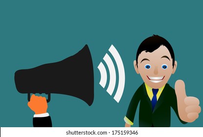 Hand holding a megaphone and man