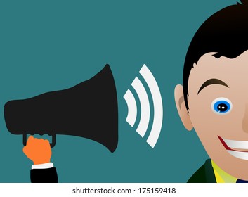 Hand holding a megaphone and man