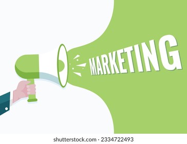 Hand Holding Megaphone Marketing! banner advertising, loudspeaker vector illustrations, and flat cartoon announcement notifications.