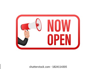 Hand Holding Megaphone with now open. Megaphone banner. Web design. Vector stock illustration.