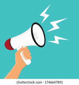 Hand holding megaphone on blue background. Digital marketing, social media marketing concept.