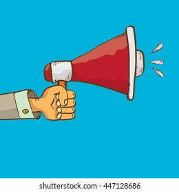 hand holding megaphone on blue background. Promotion and advertising cartoon style banner. vector Digital marketing. cartoon Business concept. 