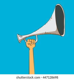 hand holding megaphone on blue background. Promotion and advertising cartoon style banner. vector Digital marketing. cartoon Business concept. 