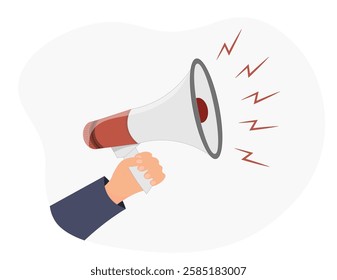 Hand holding megaphone on plain background, loudspeaker, speaker, important information concept, flat vector illustration
