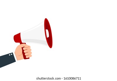 Hand holding megaphone on white background