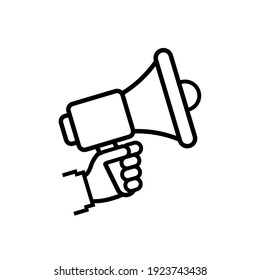 Hand holding megaphone on white background