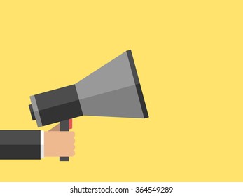 Hand holding megaphone on yellow background. Marketing, promotion, message, announce, advertisement concept. Flat style illustration. EPS 8 vector illustration, no transparency