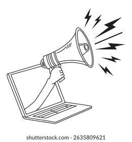  Hand holding megaphone out of laptop screen vector