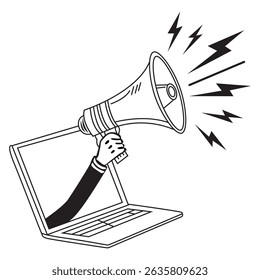  Hand holding megaphone out of laptop screen vector