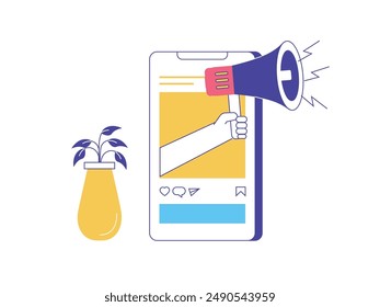 Hand holding megaphone out of phone, social media online marketing business. Character design. Vector flat illustration