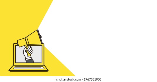 megáfono de mano en PC,imagen de marketing,ilustración vectorial,fondo azul