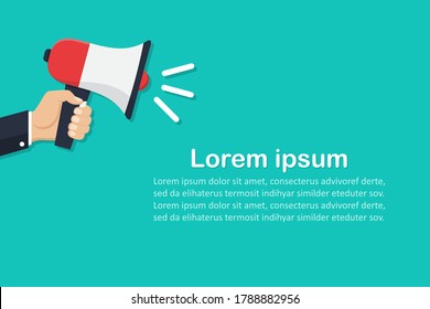 Hand holding megaphone with place for text in a flat design. Marketing concept
