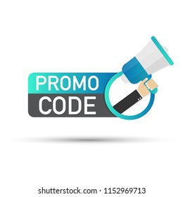 Hand holding megaphone - Promo code. Vector stock illustration.