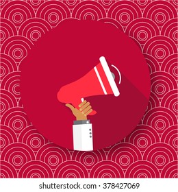 Hand holding megaphone. Promotion and advertising in flat style. Digital marketing. Business concept. Vector illustration