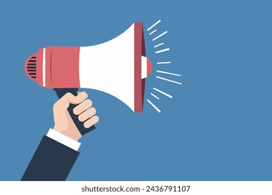 Hand holding megaphone for promotional posters. Simple flat cartoon style vector illustration.