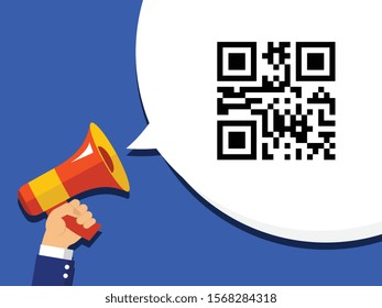 Hand holding megaphone with QR code encoded SALE information in bubble speech. Flat vector icon on pop art background