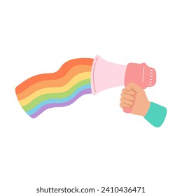 Mano sosteniendo un megáfono con bandera arco iris. Ilustración vectorial de los altavoces como símbolo del mes del orgullo, igualdad de género, derechos de lgbtq, diversidad de personas