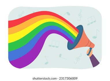 Hand holding megaphone with rainbow vector illustration. Cartoon drawing of person giving support or voice to LGBT people on pride month. LGBTQ community, announcement, communication concept