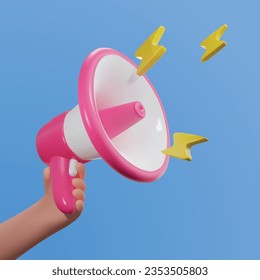 Hand holding megaphone. Realistic illustration of a loudspeaker with little lightnings in plastic cartoon style on a blue background. Promo concept. Vector 10 EPS.