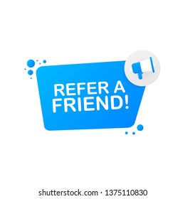 Hand holding megaphone - refer a friend! Vector stock illustration.