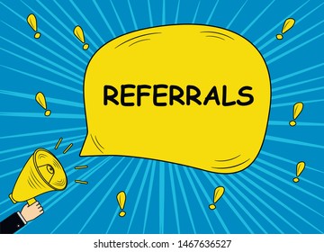 Hand holding megaphone with refer a friend speech bubble. Banner for business, marketing and advertising.