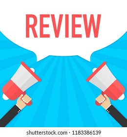 Hand Holding Megaphone with Review. Vector stock illustration.