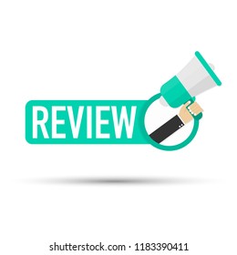 Hand holding megaphone - Review. Vector stock illustration. 