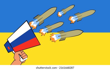 Hand Holding Megaphone With Russian Flag And Flying Missile Rocket. Attack Of Hatred, Disinformation And Violence On Flag Of Ukraine From Agitator Flat Vector Illustration. Fake War News Concept