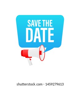 Hand holding megaphone with Save the date.