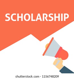 Hand Holding Megaphone With SCHOLARSHIP Announcement. Flat Vector Illustration