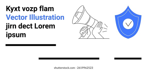 Hand holding a megaphone and a shield with a checkmark in a blue color palette. Ideal for digital marketing, public announcements, online campaigns, security information, promotions, safety tips