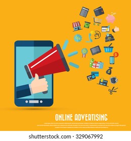 Hand holding megaphone with shopping icons - mobile phone online advertising concept. EPS 10 vector. Can be used for any project.