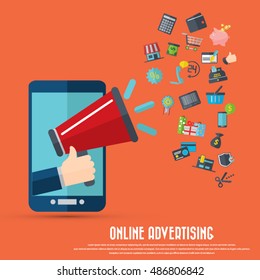 Hand holding megaphone with shopping icons - mobile phone online advertising concept. EPS 10 vector. Can be used for any project