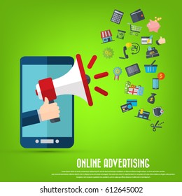Hand holding megaphone with shopping icons - mobile phone online advertising concept. EPS 10 vector. Can be used for any project.