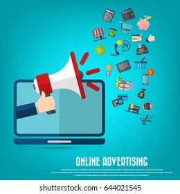 Hand holding megaphone with shopping icons -  online advertising concept. EPS 10 vector. Can be used for any project.